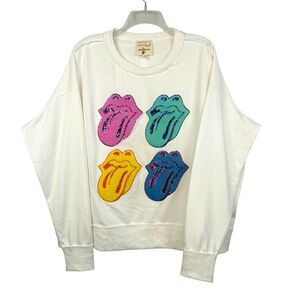 Fantastic Fawn Rolling Stones Oversized Long Sleeve Shirt Sequins Women's Sz S